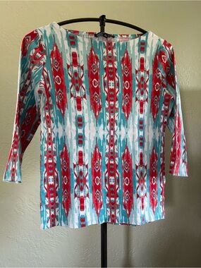 Jones New York Red and Teal Patterned Boatneck Top M